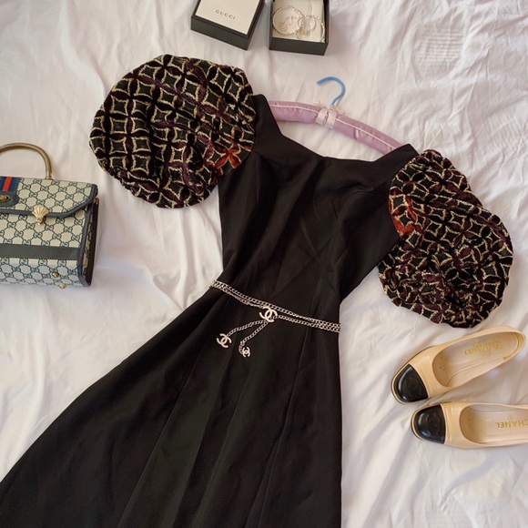 Vintage Dresses & Skirts - Vtg 80s Ballon Sleeves Velvet Wiggle Maxi Dress